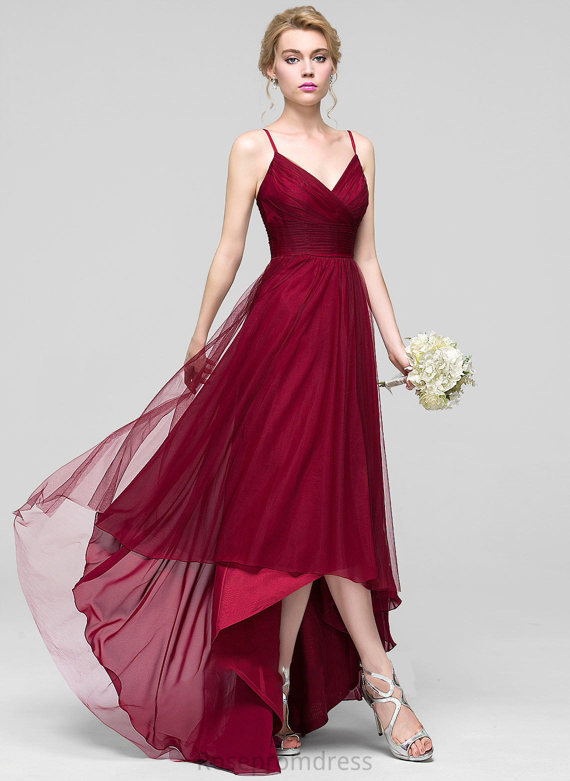 Silhouette Ruffle V-neck Fabric Embellishment Length Neckline A-Line Asymmetrical Aurora Bridesmaid Dresses