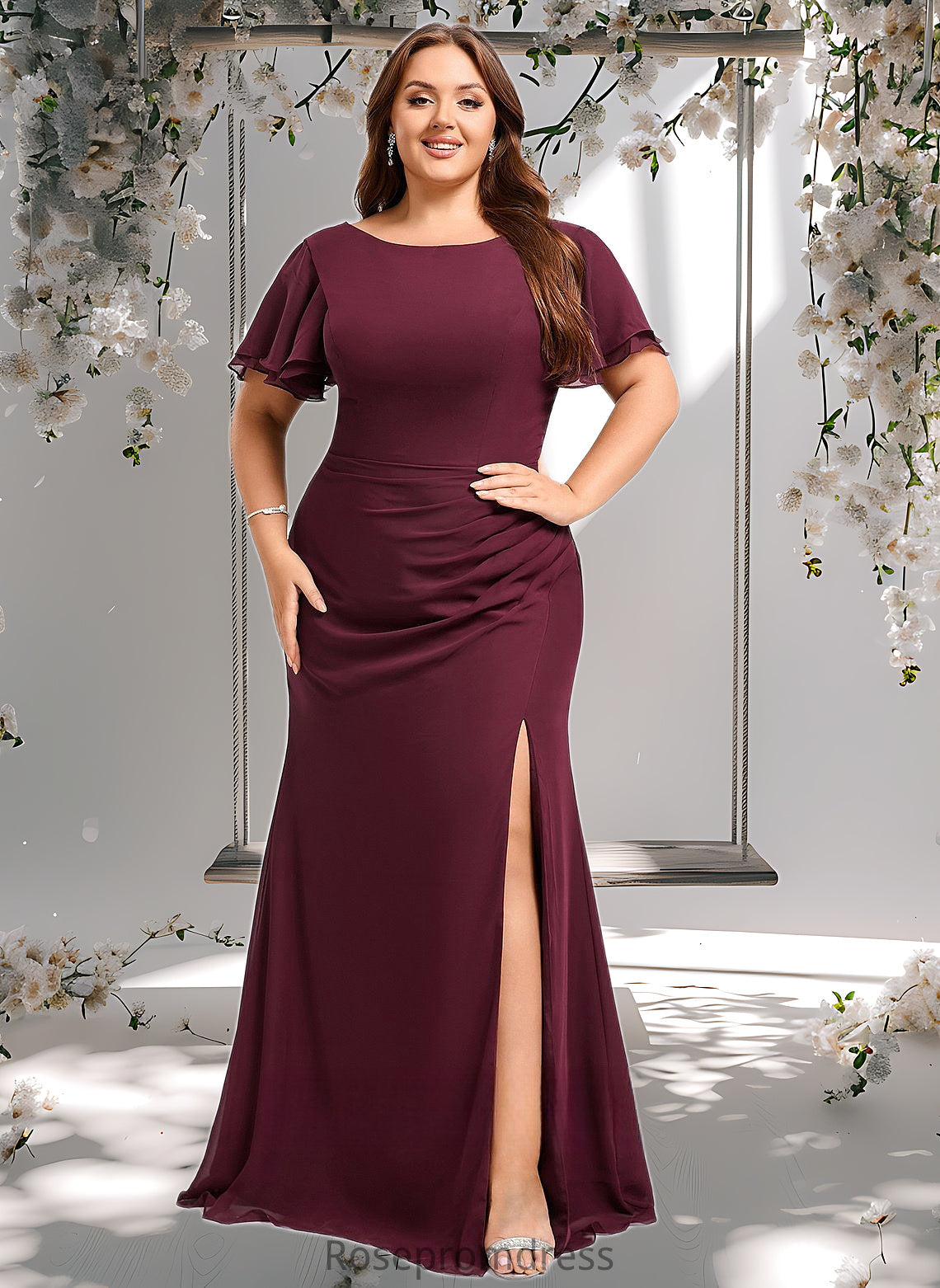 Abagail A-line Boat Neck Floor-Length Chiffon Bridesmaid Dress With Ruffle DSP0025827