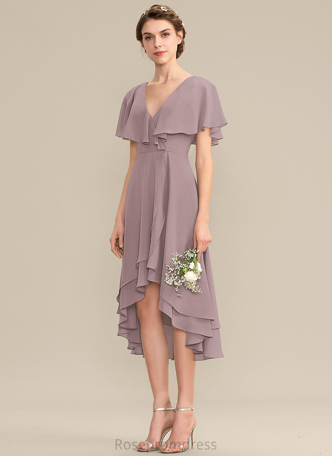 CascadingRuffles A-Line Asymmetrical Neckline Silhouette Fabric V-neck Length Embellishment Tiara Bridesmaid Dresses