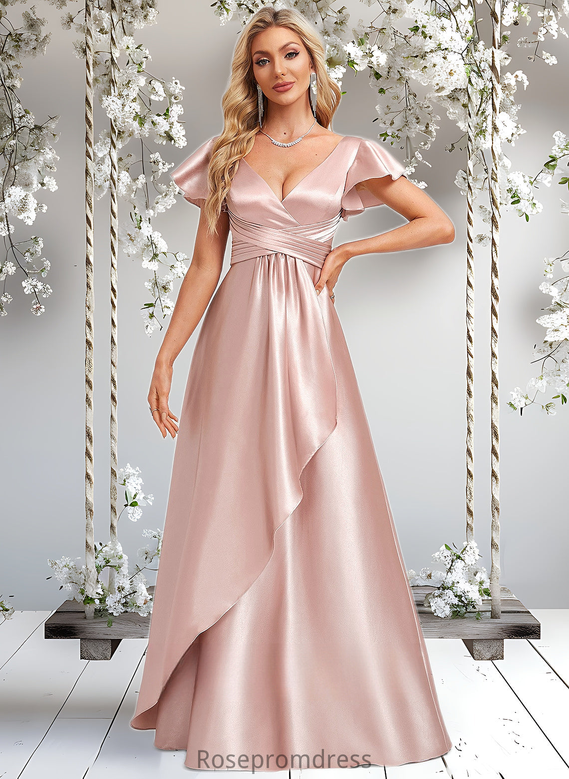Makenna A-line V-Neck Floor-Length Stretch Satin Bridesmaid Dress With Ruffle DSP0025787