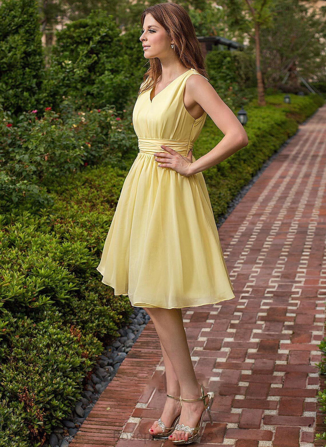 Bow(s) Silhouette Ruffle Knee-Length Fabric Neckline Embellishment A-Line V-neck Length Lana V-Neck Bridesmaid Dresses