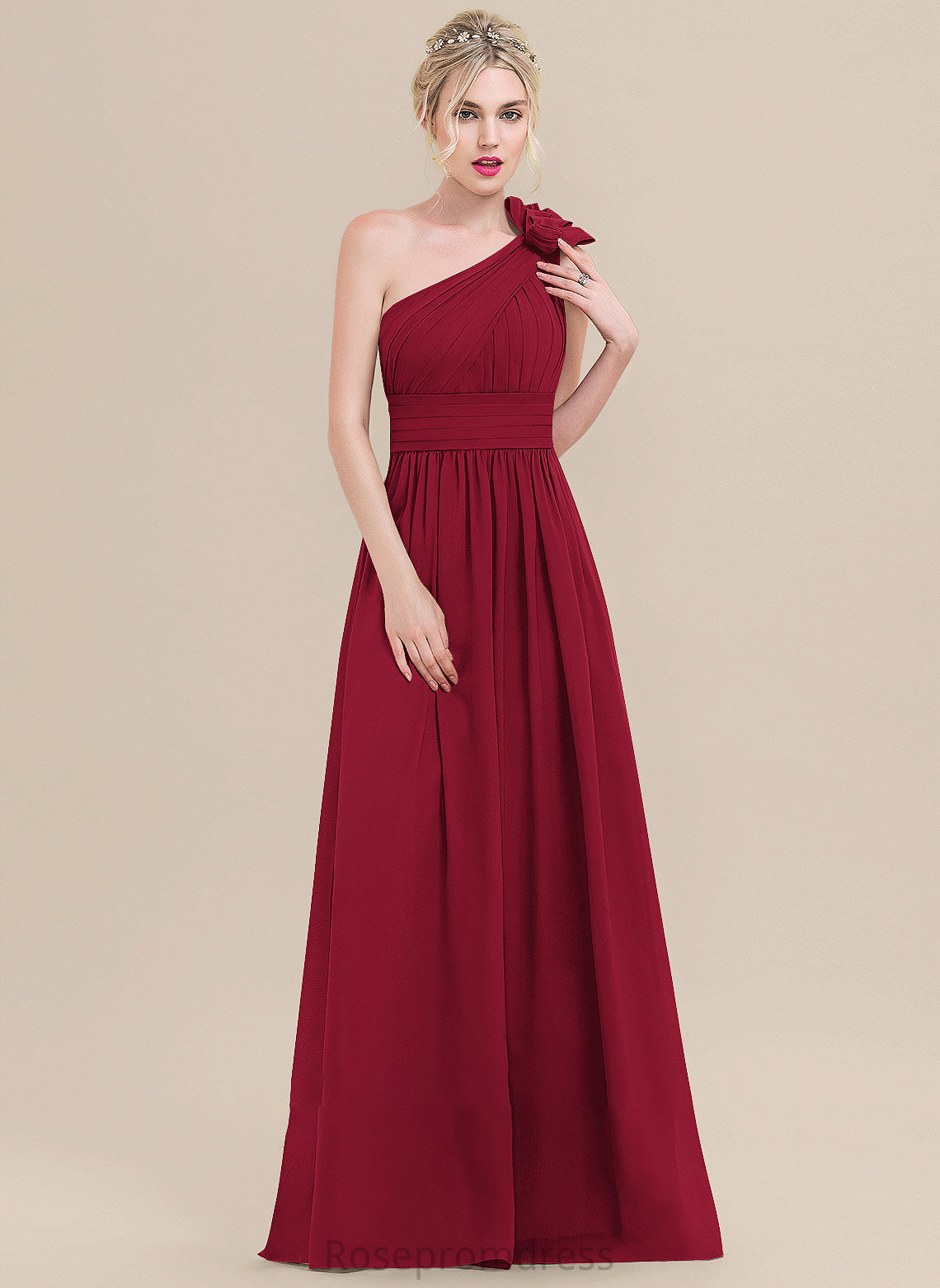 Silhouette Ruffle Neckline Floor-Length Fabric Length Flower(s) One-Shoulder A-Line Embellishment Tianna Natural Waist Bridesmaid Dresses