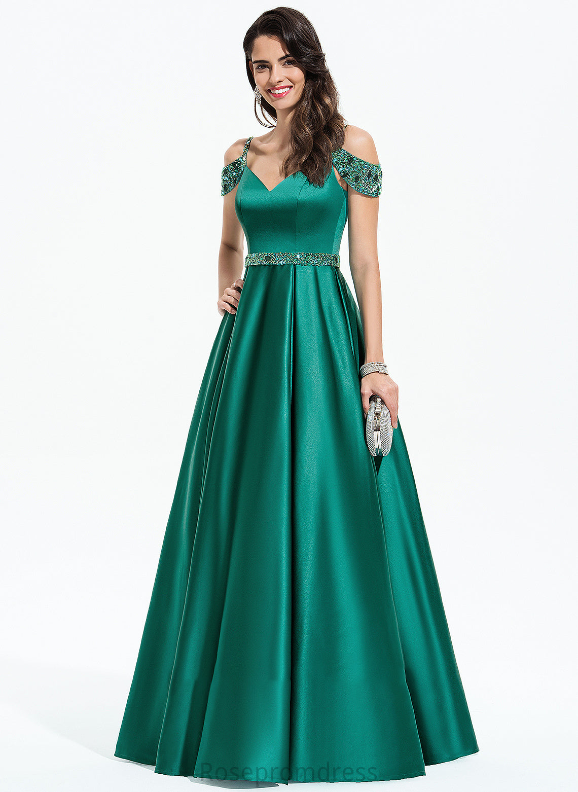 Sequins V-neck Floor-Length Prom Dresses Beading Ball-Gown/Princess With Imani Satin