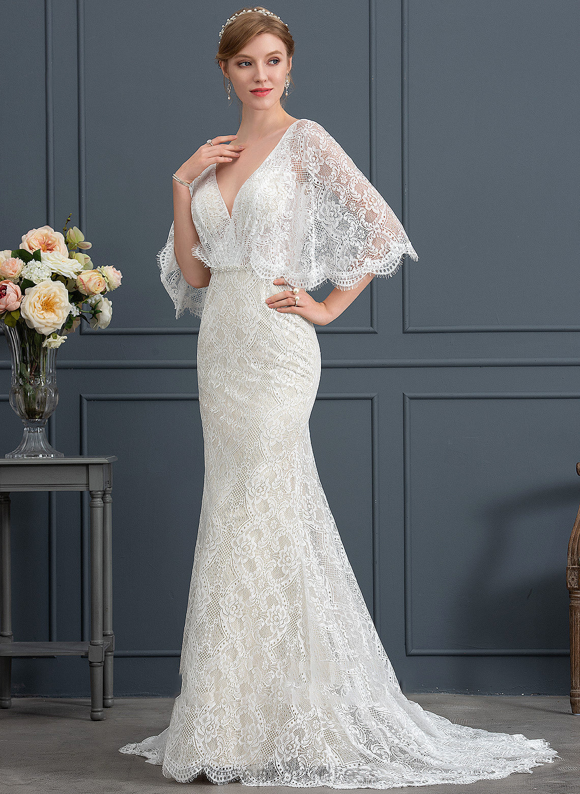 Sequins With Sweep Train Wedding Lace Wedding Dresses Dress Alexus V-neck Trumpet/Mermaid Beading