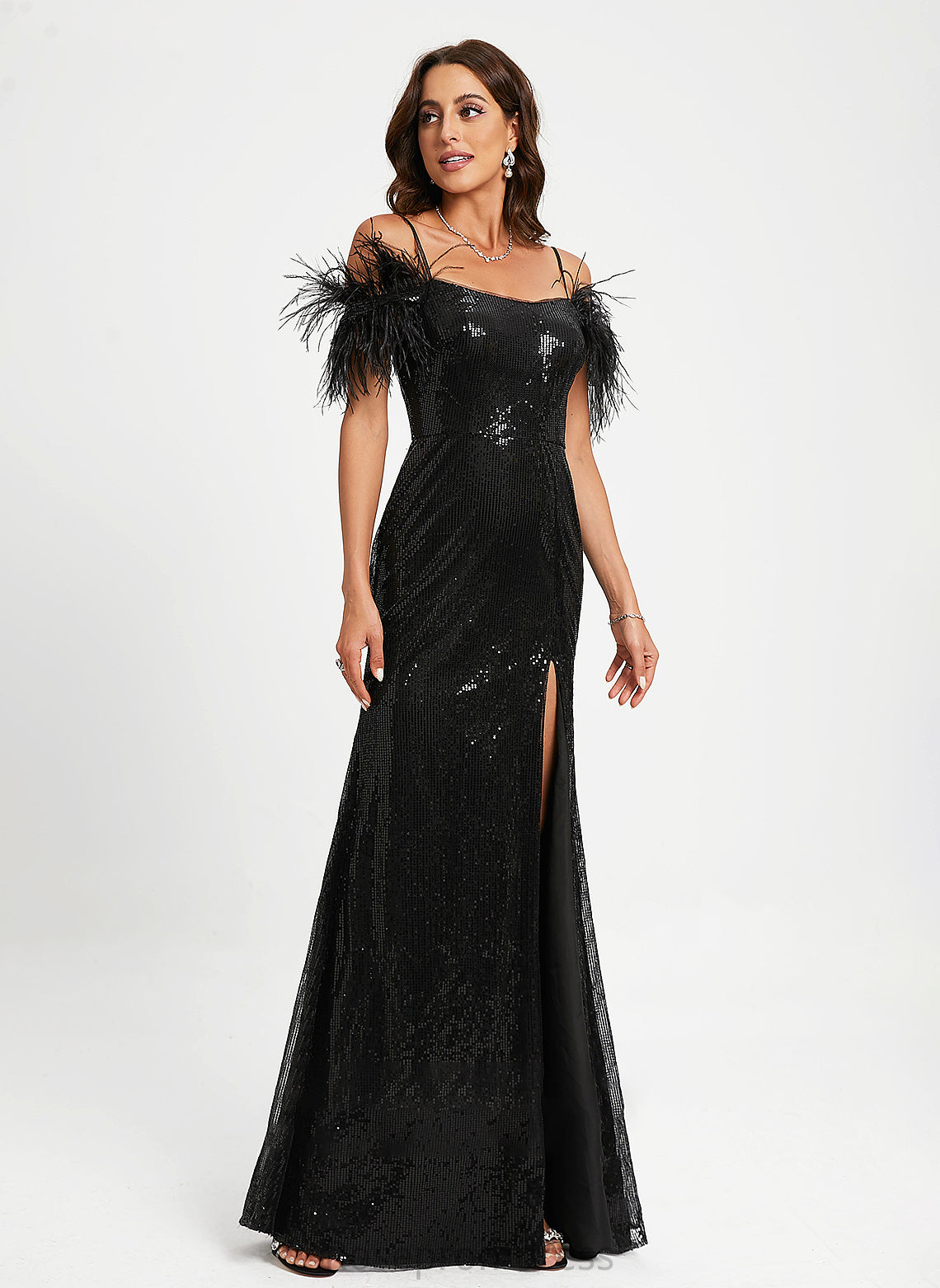 Prom Dresses Sheath/Column Floor-Length Angie Scoop Sequins Feather Neck Sequined With