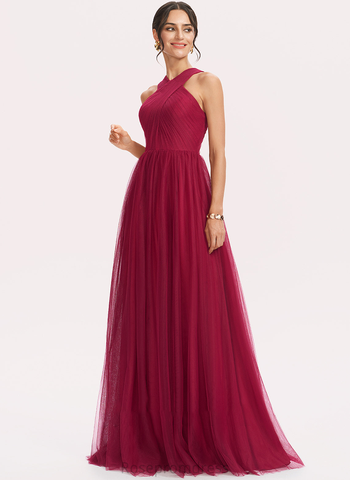 Halter Silhouette Length A-Line Ruffle Fabric Embellishment Floor-Length Neckline Julia Bridesmaid Dresses