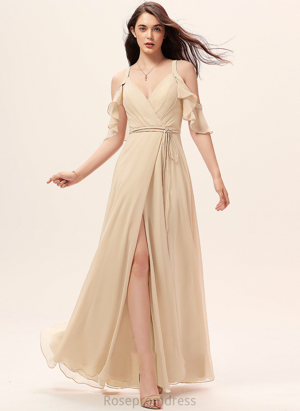 Fabric Floor-Length Embellishment Silhouette SplitFront Ruffle V-neck Neckline Length A-Line Vanessa Natural Waist Bridesmaid Dresses