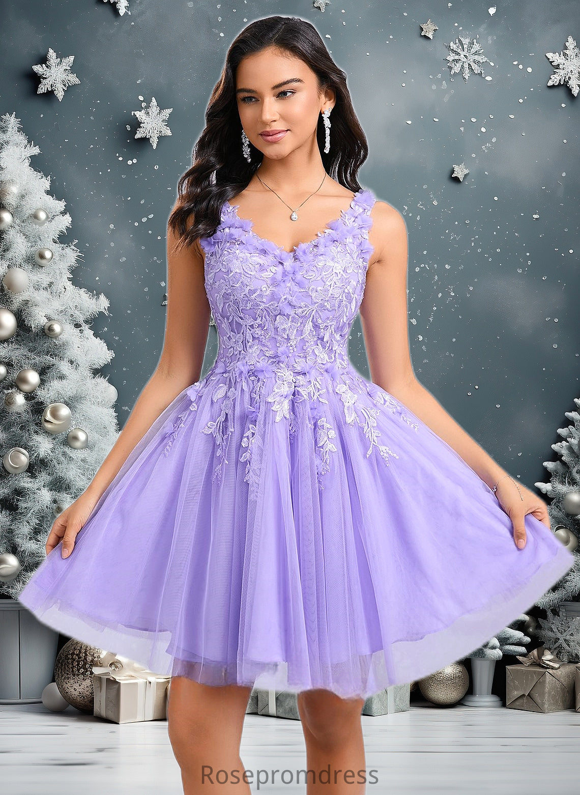 Josephine Ball-Gown/Princess V-Neck Short Lace Tulle Homecoming Dress With Flower DSP0025656