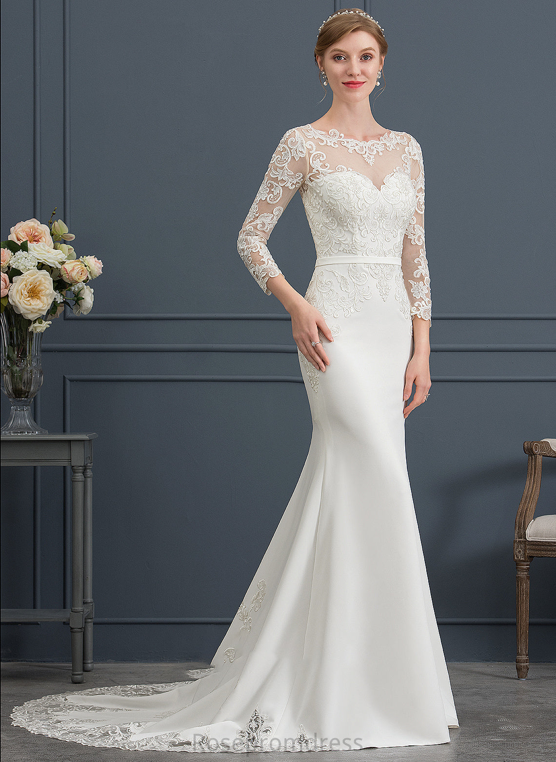 Lace Stretch Wedding Illusion Train Chapel Wedding Dresses Bailey Crepe Trumpet/Mermaid Dress With