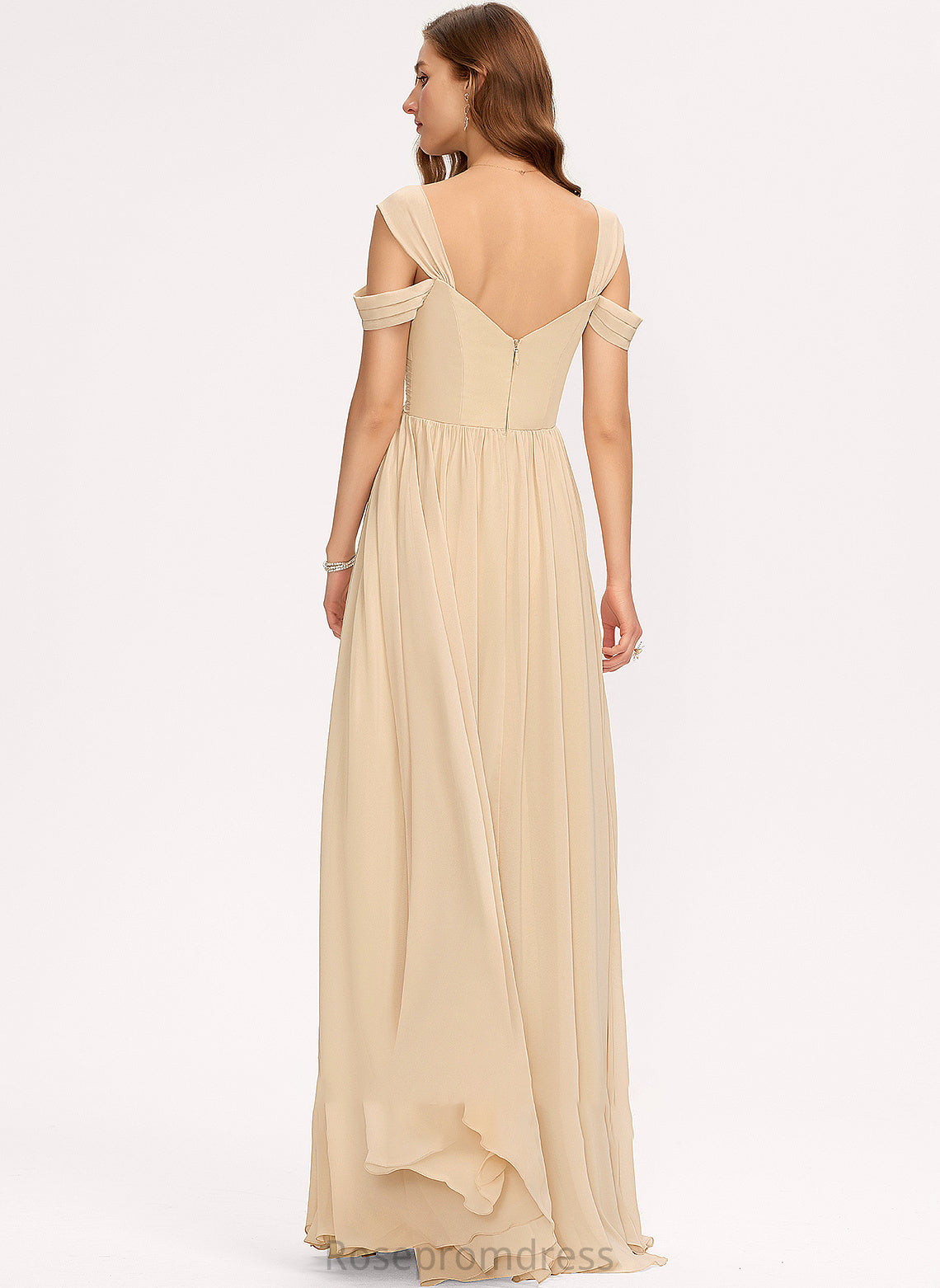 V-neck Ruffle Floor-Length Fabric A-Line Neckline Silhouette Embellishment Length Denisse V-Neck Sleeveless Bridesmaid Dresses