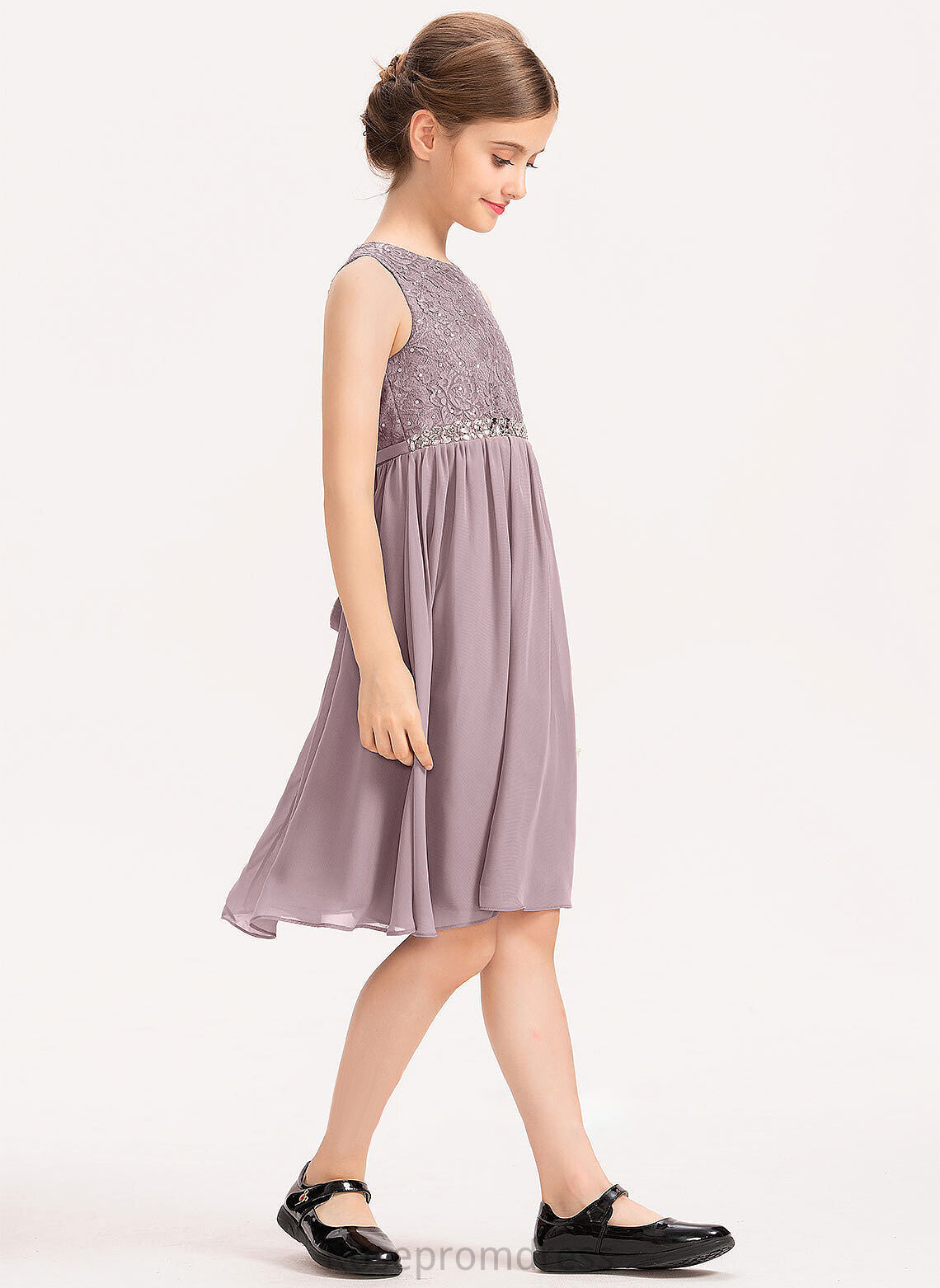 A-Line Chiffon Lace Junior Bridesmaid Dresses Bow(s) Beading Scoop With Knee-Length Cali Neck