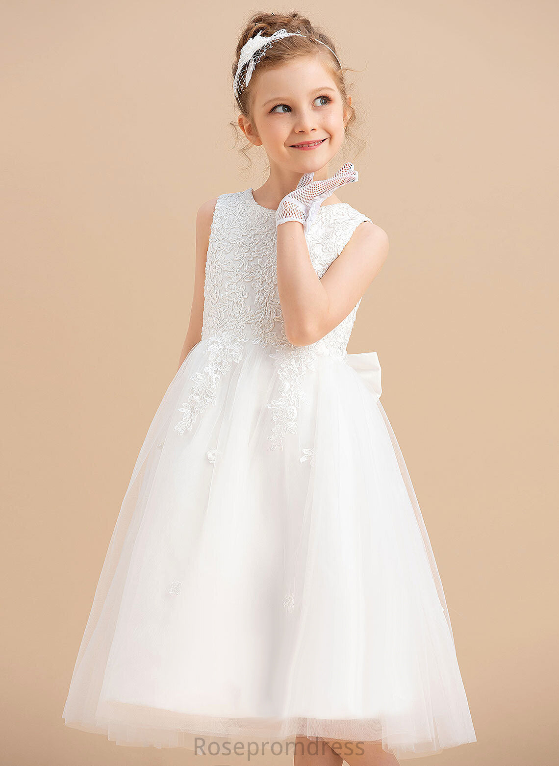 Tea-length Neck Girl Flower Mayra A-Line Satin/Tulle Scoop With Bow(s) Flower Girl Dresses Sleeveless Dress
