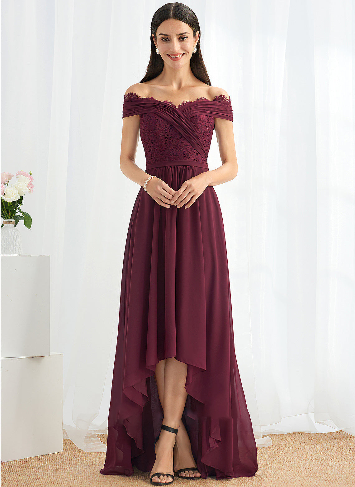 Fabric A-Line Asymmetrical Lace Embellishment Off-the-Shoulder Neckline Silhouette Length Haley Spaghetti Staps Floor Length Bridesmaid Dresses
