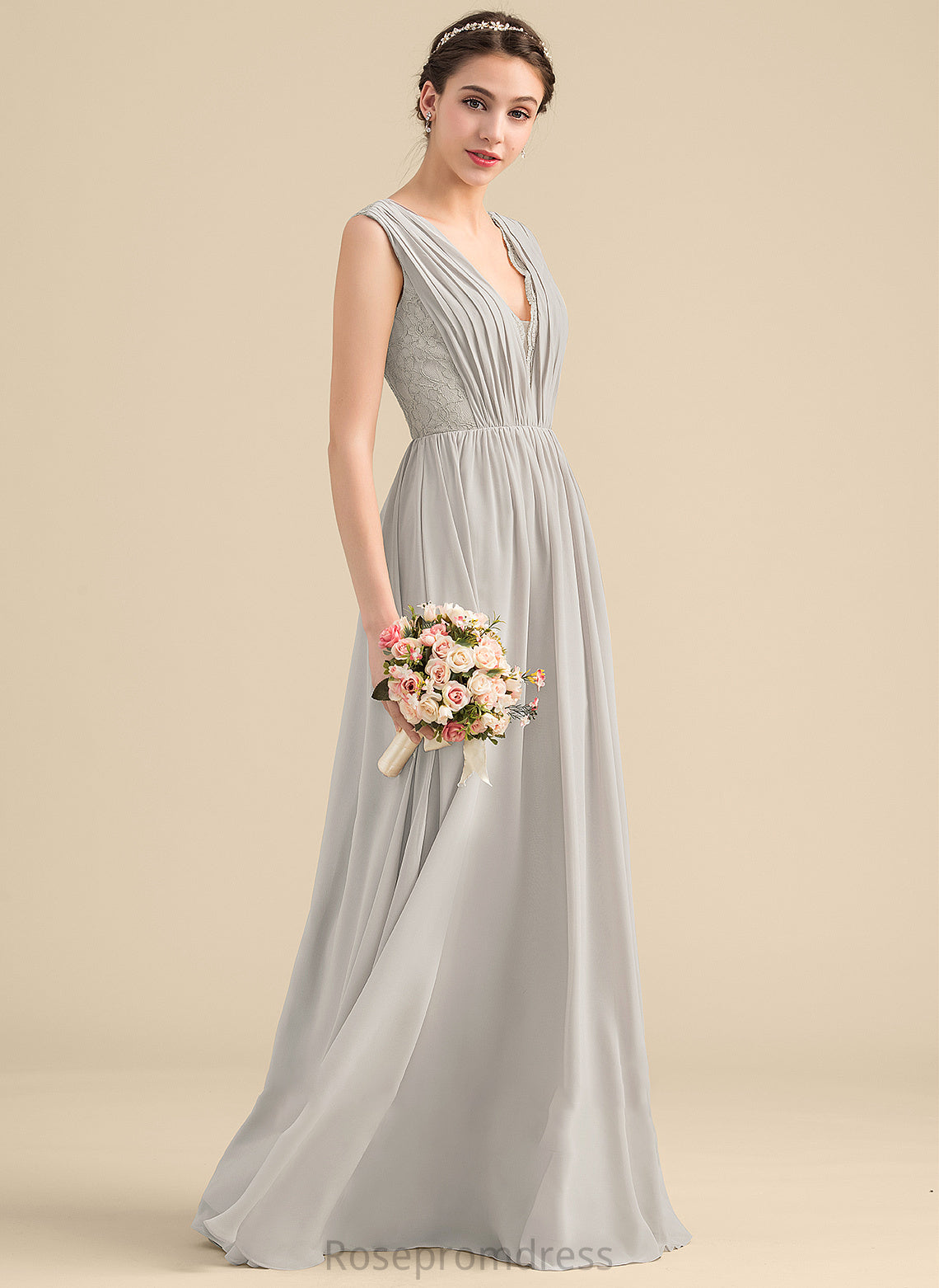 Silhouette A-Line Floor-Length V-neck Ruffle Length Fabric Neckline Embellishment Jacqueline Bridesmaid Dresses