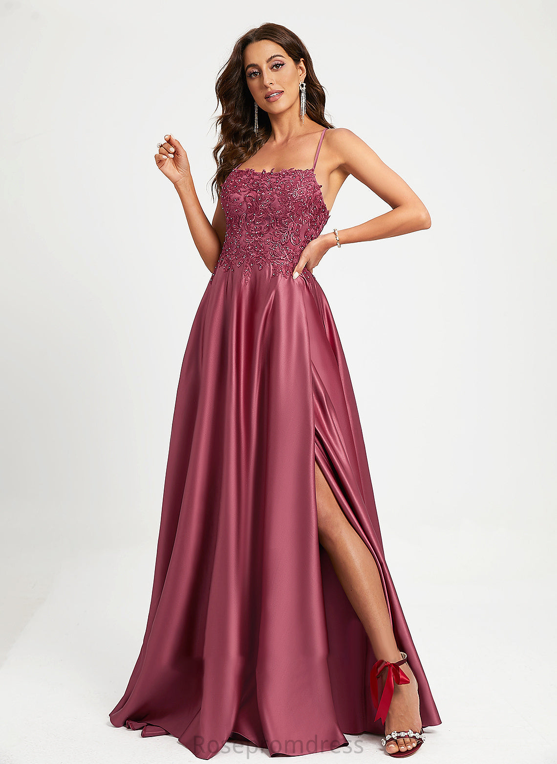Sequins Beading Lilly Satin Square With Train A-Line Sweep Neckline Prom Dresses