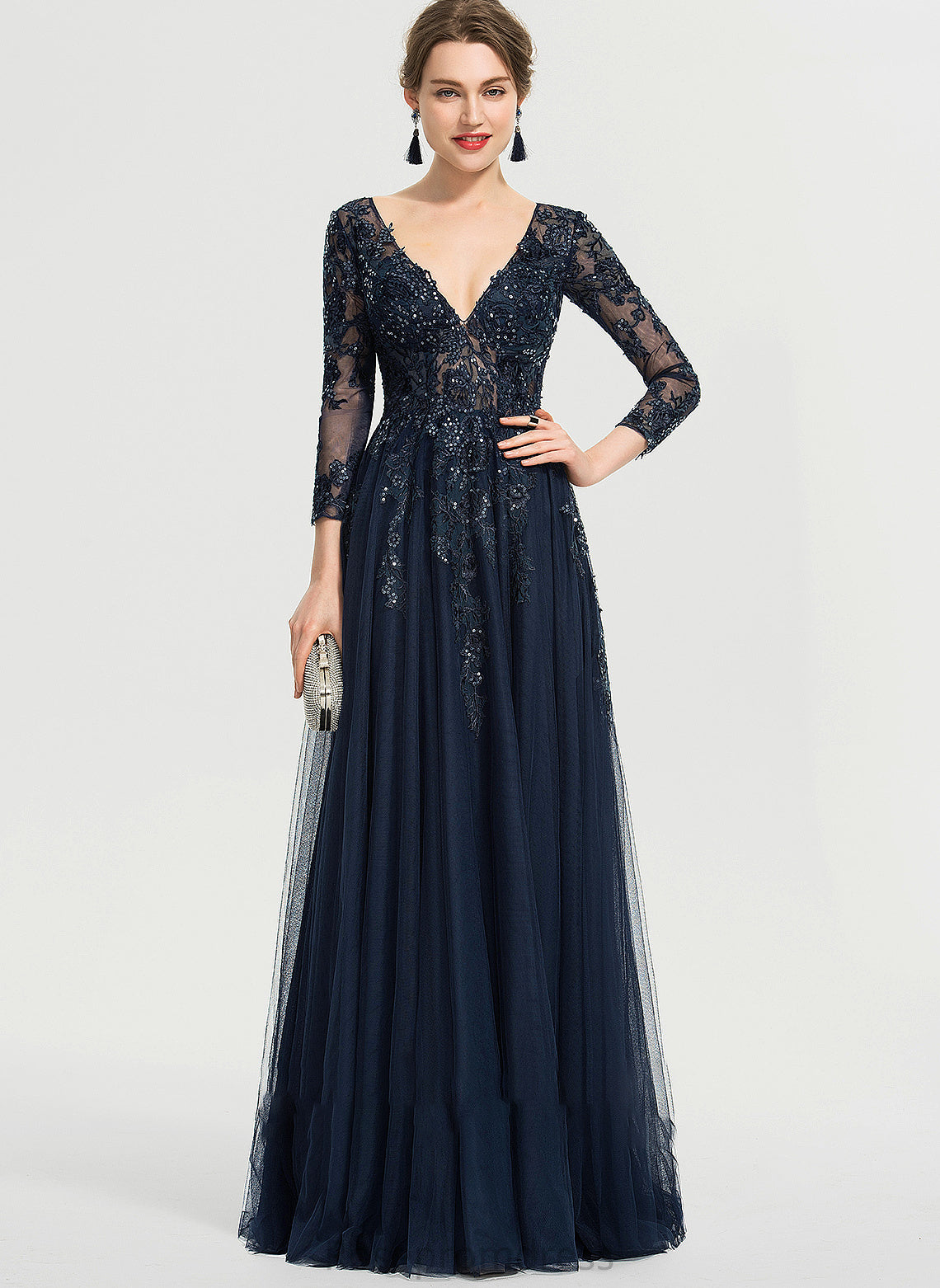 Prom Dresses Floor-Length Sequins Kaylin Tulle With V-neck A-Line