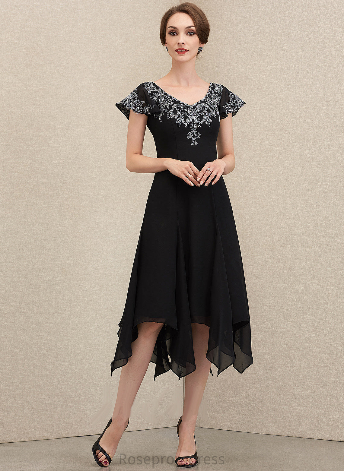 Sequins Mother the Bride Lace Karen of V-neck Tea-Length A-Line With Mother of the Bride Dresses Dress Chiffon