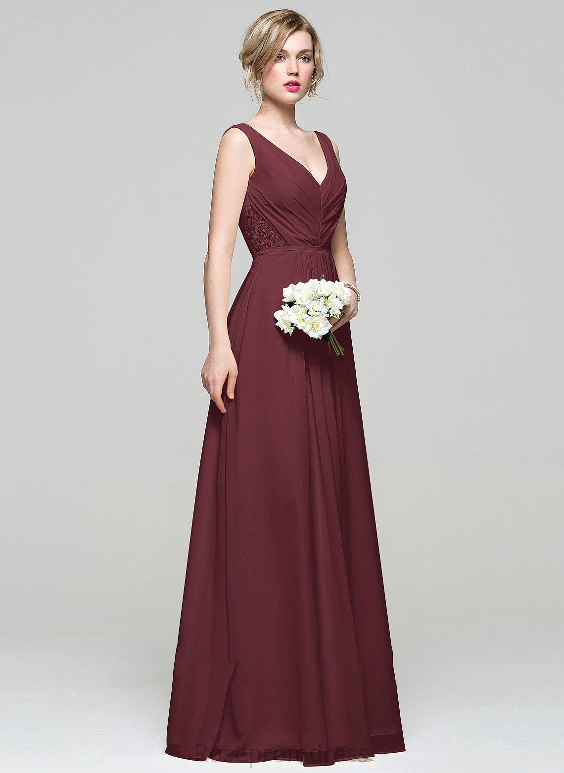 Fabric Sequins V-neck Embellishment Floor-Length Beading Silhouette Lace Neckline Length Ruffle A-Line Bridesmaid Dresses