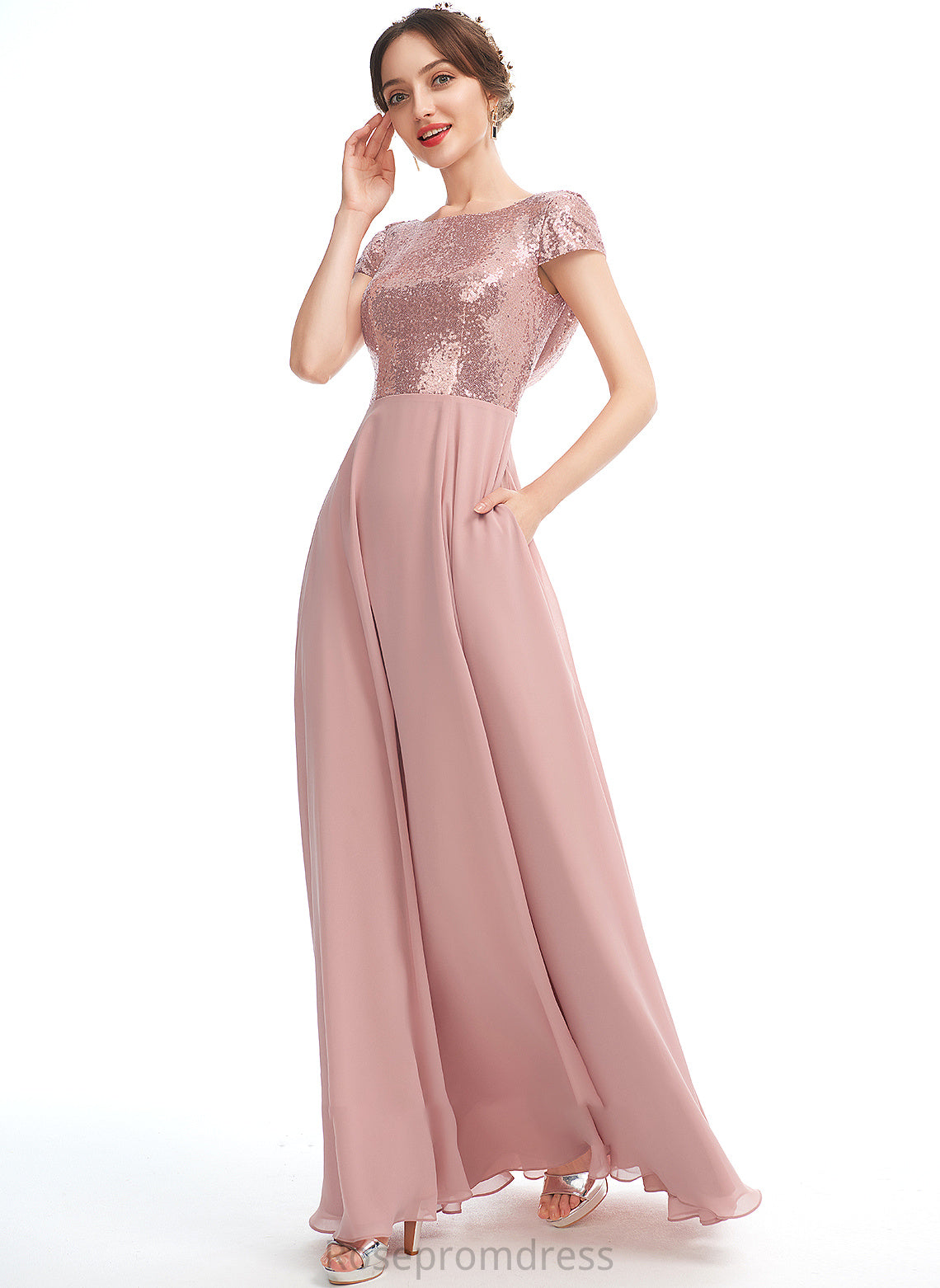 Floor-Length Silhouette Length Fabric Embellishment ScoopNeck Sequins Neckline A-Line SplitFront Chloe A-Line/Princess Bridesmaid Dresses