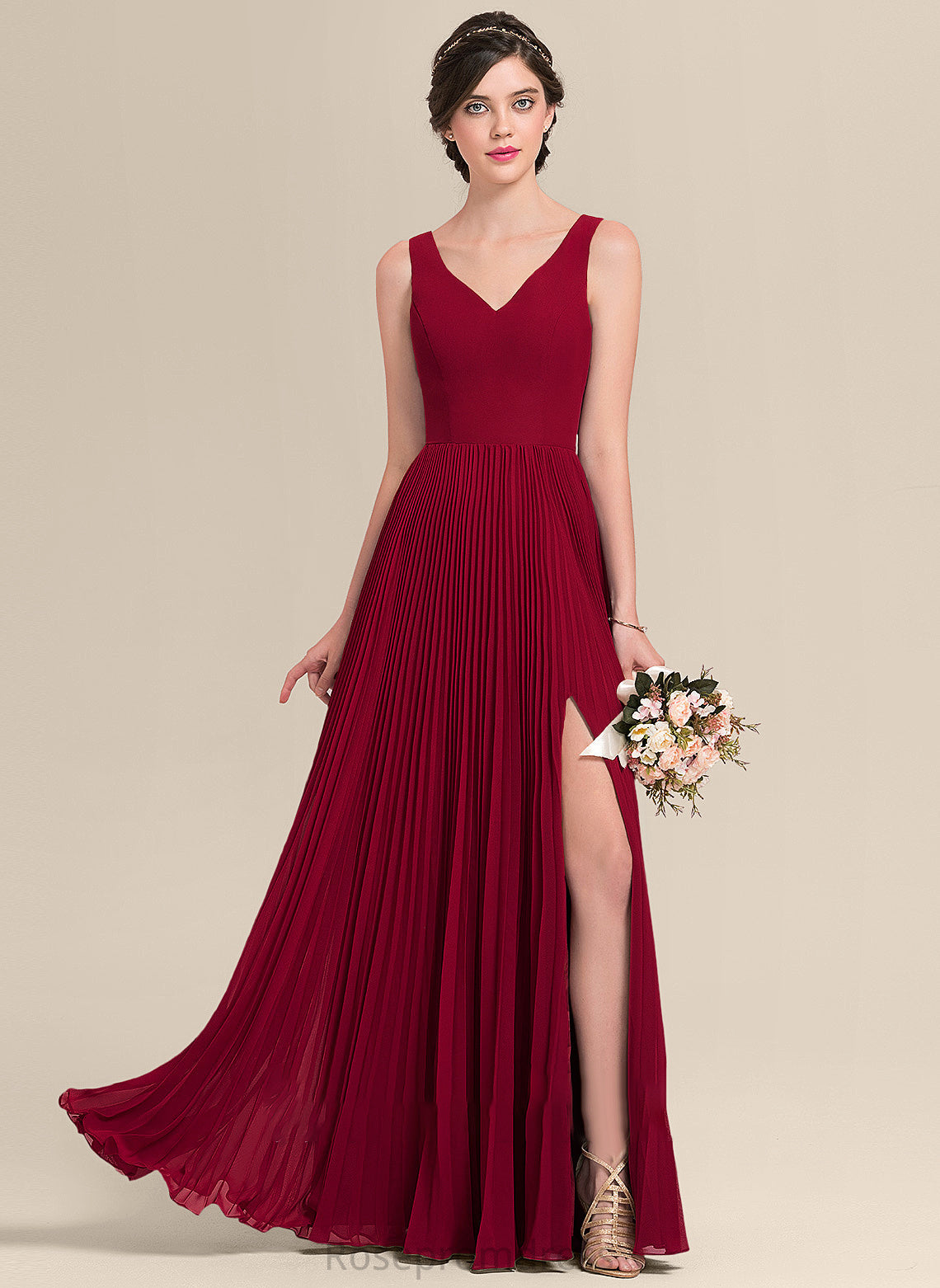 A-Line Fabric Silhouette Floor-Length Neckline Embellishment Length SplitFront V-neck Pleated Esther Spaghetti Staps Bridesmaid Dresses