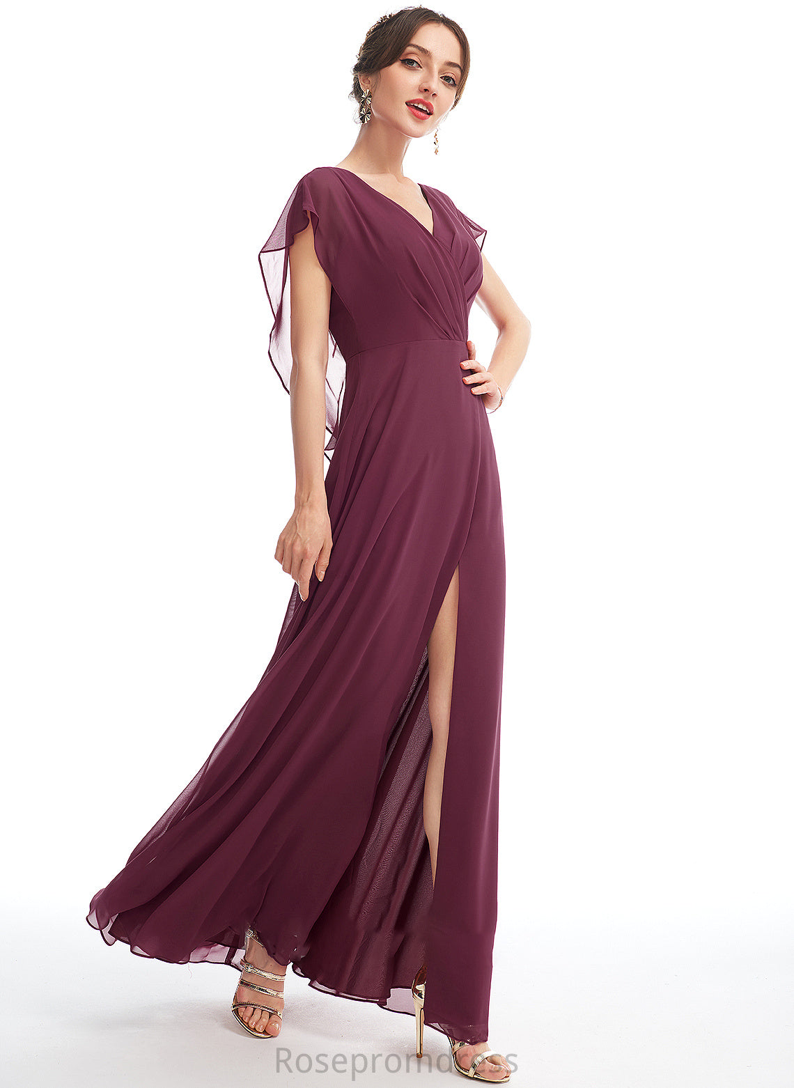 V-neck Neckline Silhouette Fabric Length A-Line Ruffle SplitFront Floor-Length Embellishment Marlie Bridesmaid Dresses