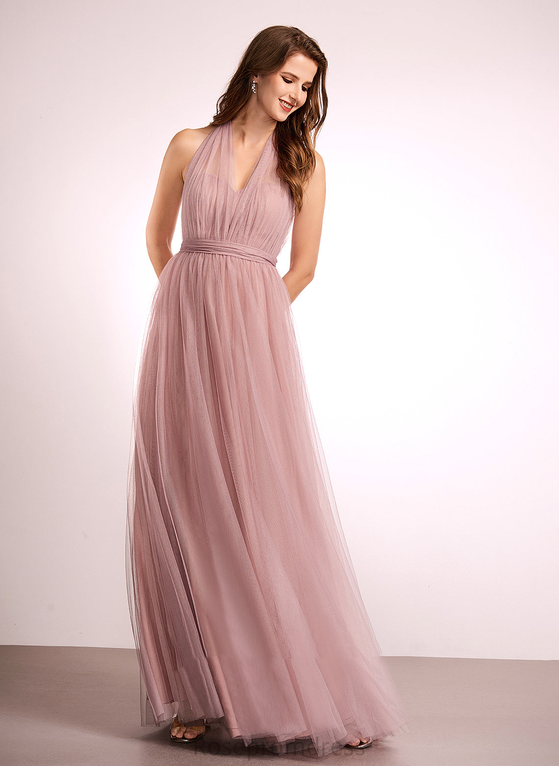 Neckline One-Shoulder Fabric Straps A-Line Length Silhouette V-neck Off-the-Shoulder Tulle Floor-Length Leslie Bridesmaid Dresses