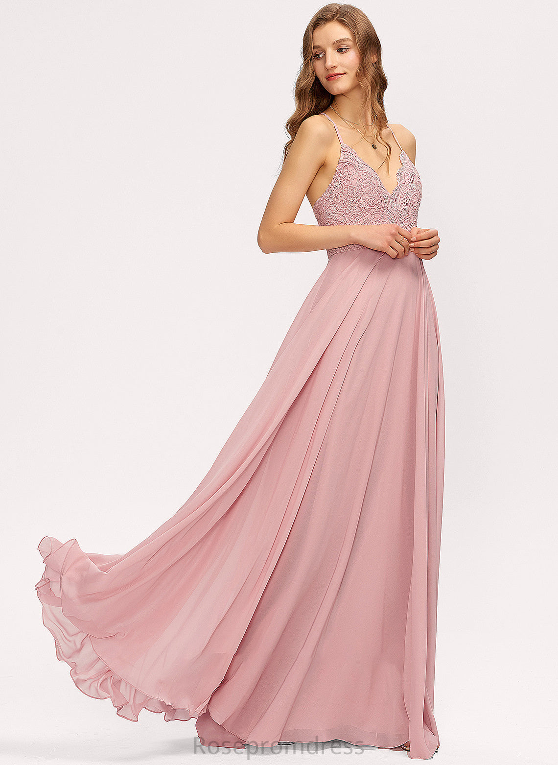 Silhouette Fabric Length A-Line Neckline V-neck Lace Floor-Length Straps Amira Bridesmaid Dresses