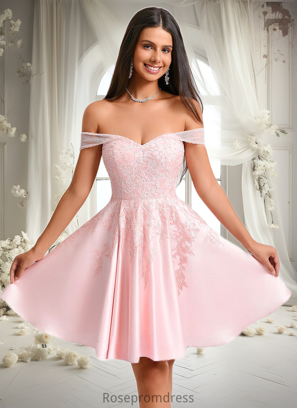 Mabel A-line Off the Shoulder Short Satin Homecoming Dress With Rhinestone Beading Appliques Lace DSP0025679