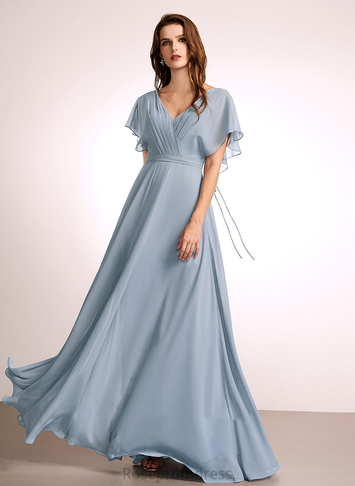 Length V-neck Silhouette Ruffle Fabric Embellishment Neckline Floor-Length A-Line Maliyah Bridesmaid Dresses