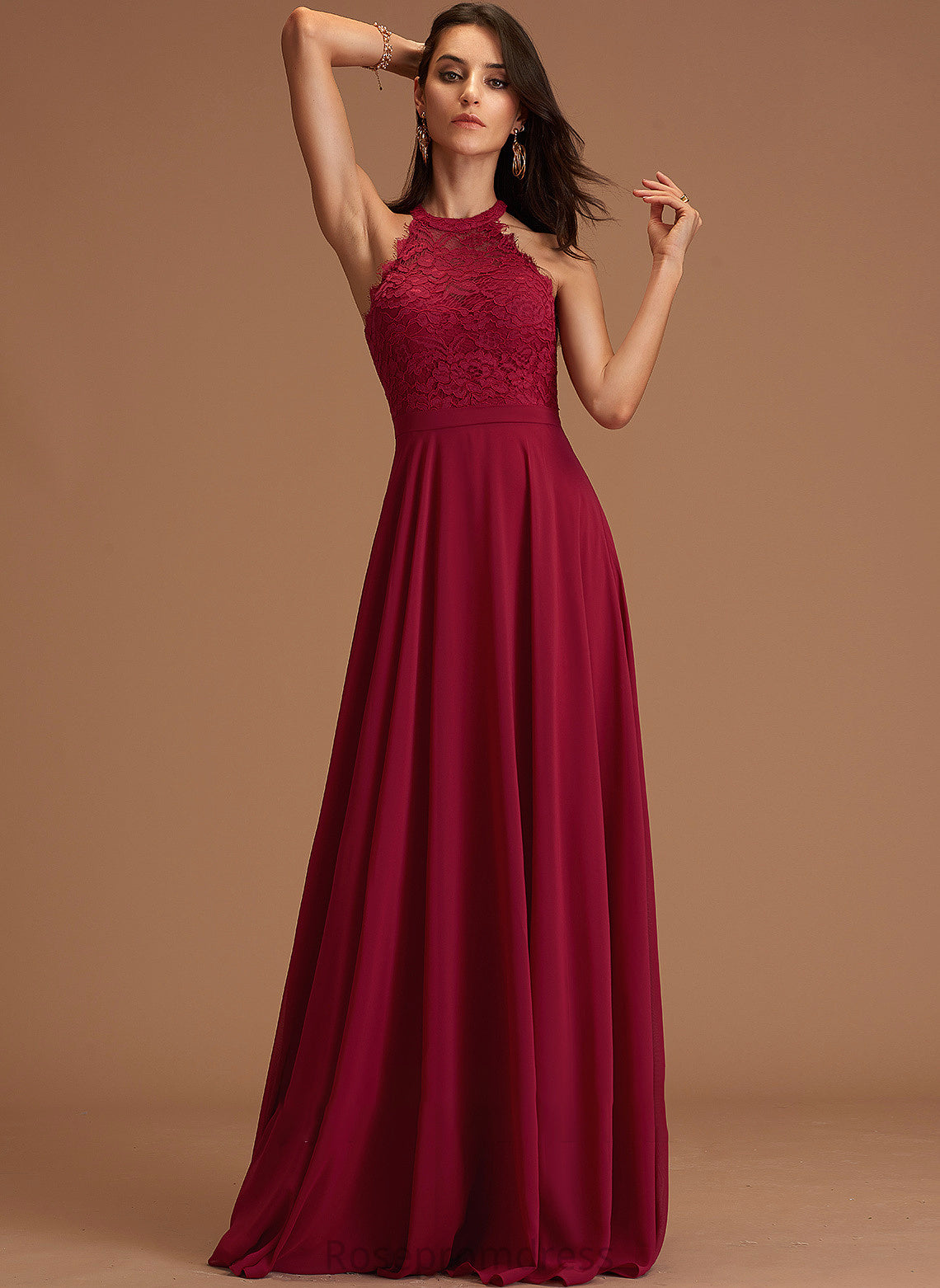 Fabric Embellishment Silhouette Lace A-Line Floor-Length Length Neckline ScoopNeck Mercedes Velvet Natural Waist Bridesmaid Dresses
