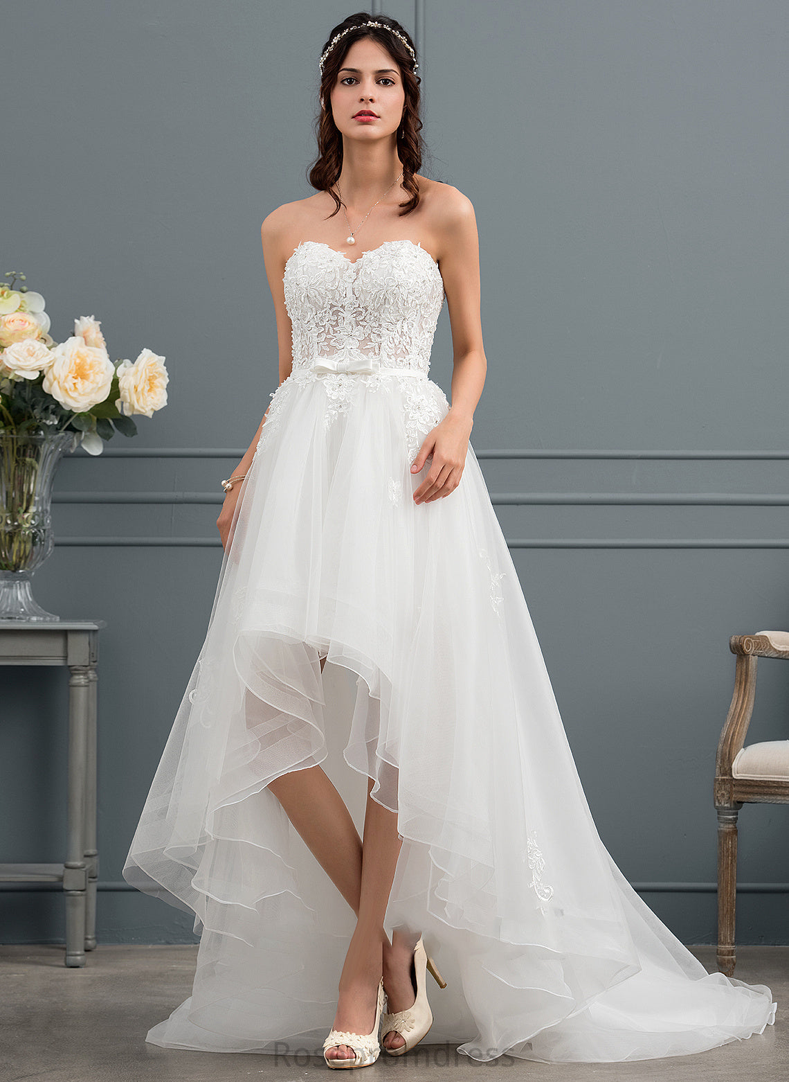 Asymmetrical Sequins Beading Dress Wedding Wedding Dresses Tulle A-Line With Sweetheart Keyla Bow(s)