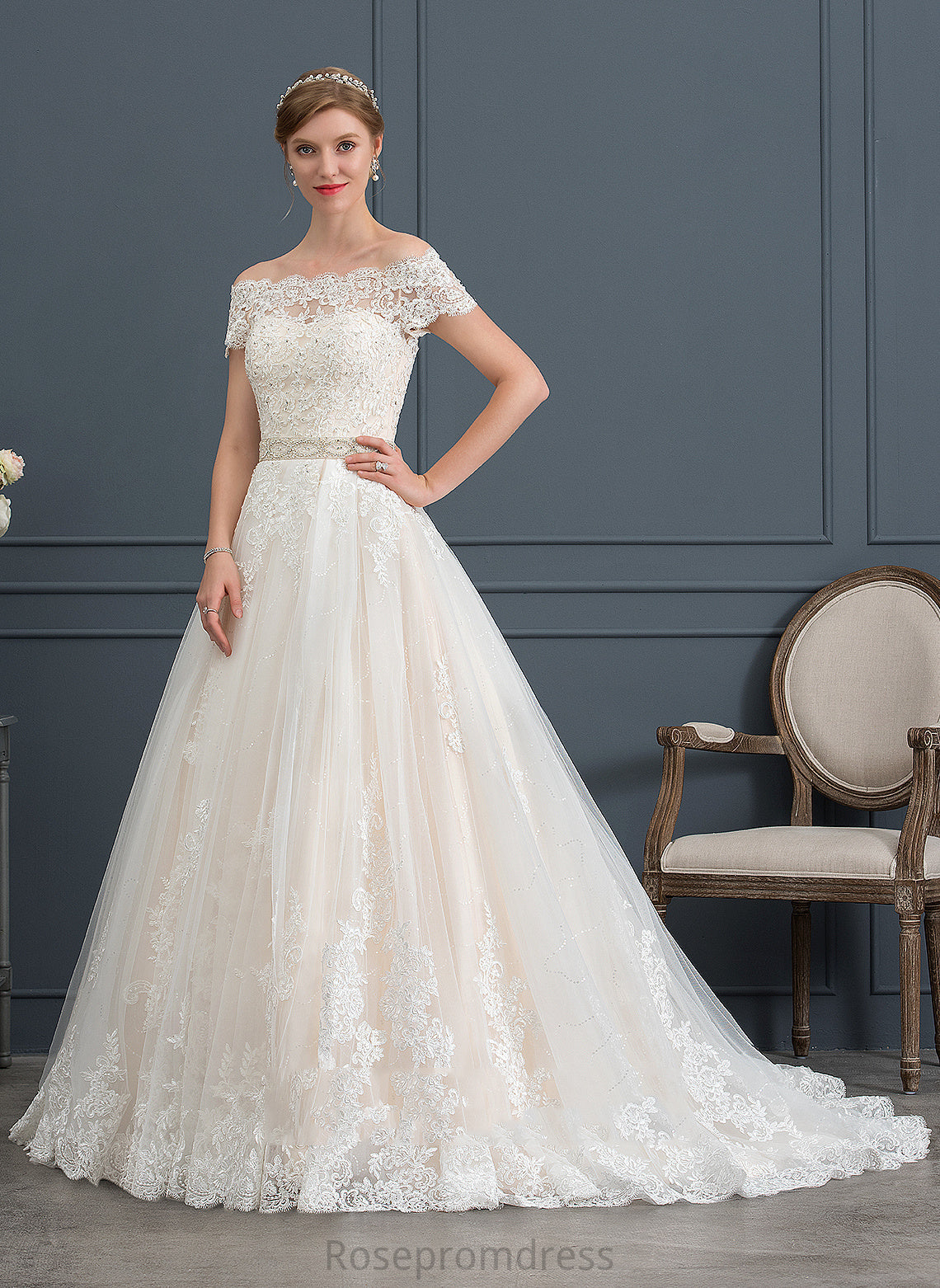 Ball-Gown/Princess Wedding Dresses Lace Dress Wedding With Sequins Tulle Court Beading Train Off-the-Shoulder Dominique