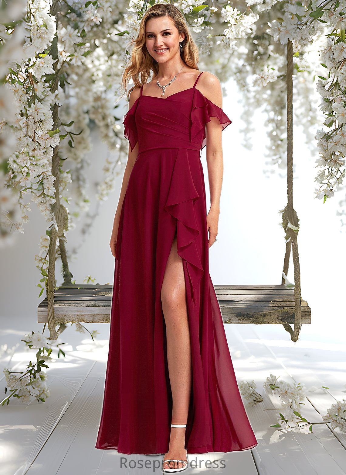 Maggie A-line Cold Shoulder Floor-Length Chiffon Bridesmaid Dress With Ruffle DSP0025755