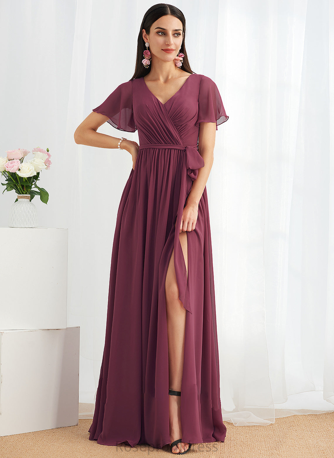 SplitFront Neckline Fabric Floor-Length Length Silhouette V-neck Embellishment A-Line Luna Bridesmaid Dresses