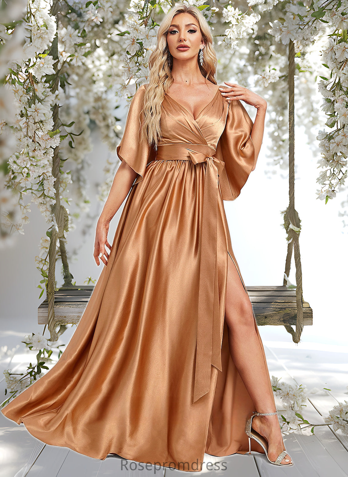 Addyson A-line V-Neck Floor-Length Stretch Satin Bridesmaid Dress DSP0025793