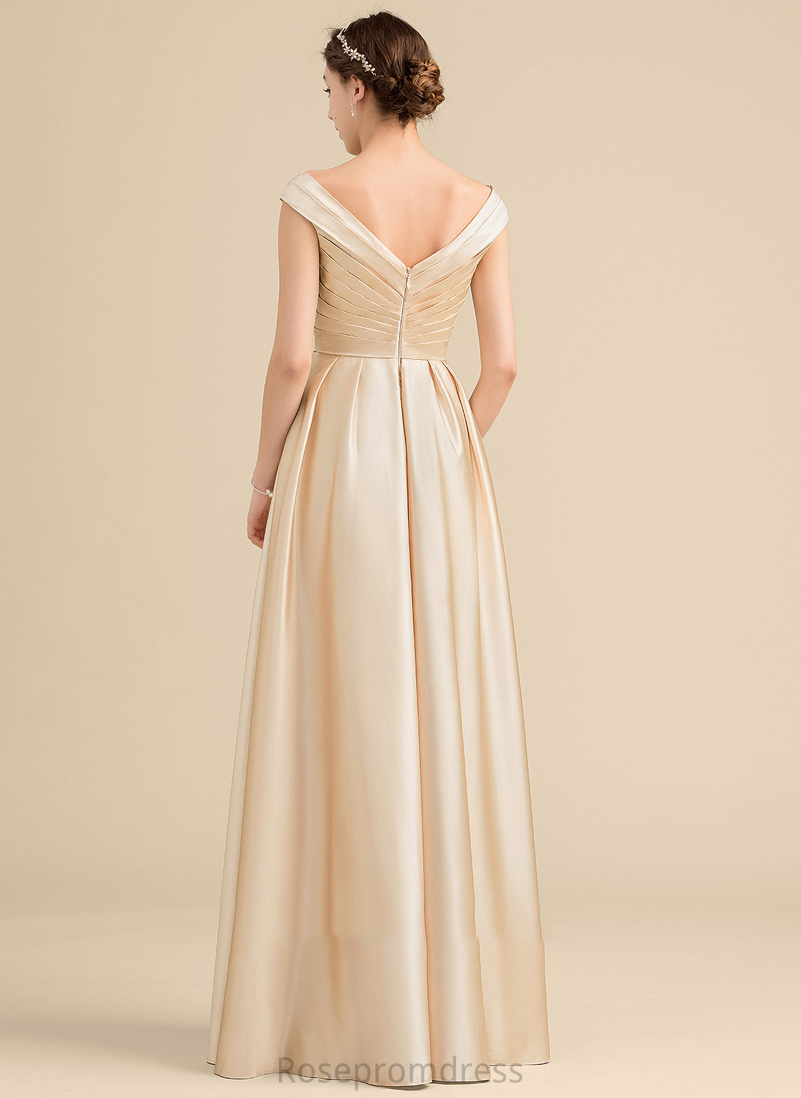 A-Line Silhouette Off-the-Shoulder Ruffle Length Pockets Embellishment Neckline Fabric Floor-Length Amari Natural Waist Bridesmaid Dresses