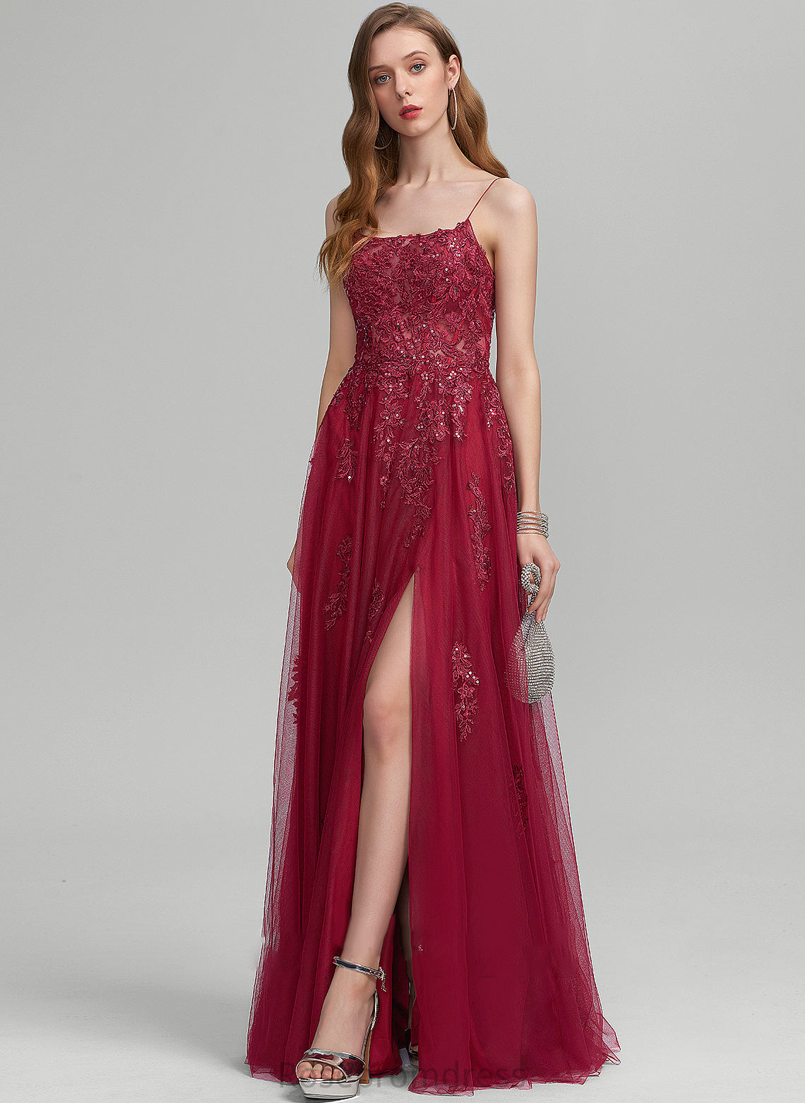 Neckline Floor-Length With Split Sequins Front A-Line Square Tulle Prom Dresses Danica