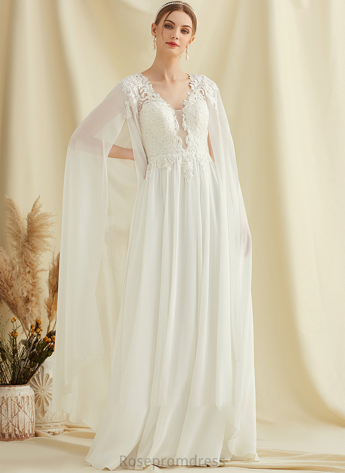 Lace Wedding V-neck Wedding Dresses Norma Chiffon Floor-Length Sequins A-Line With Dress