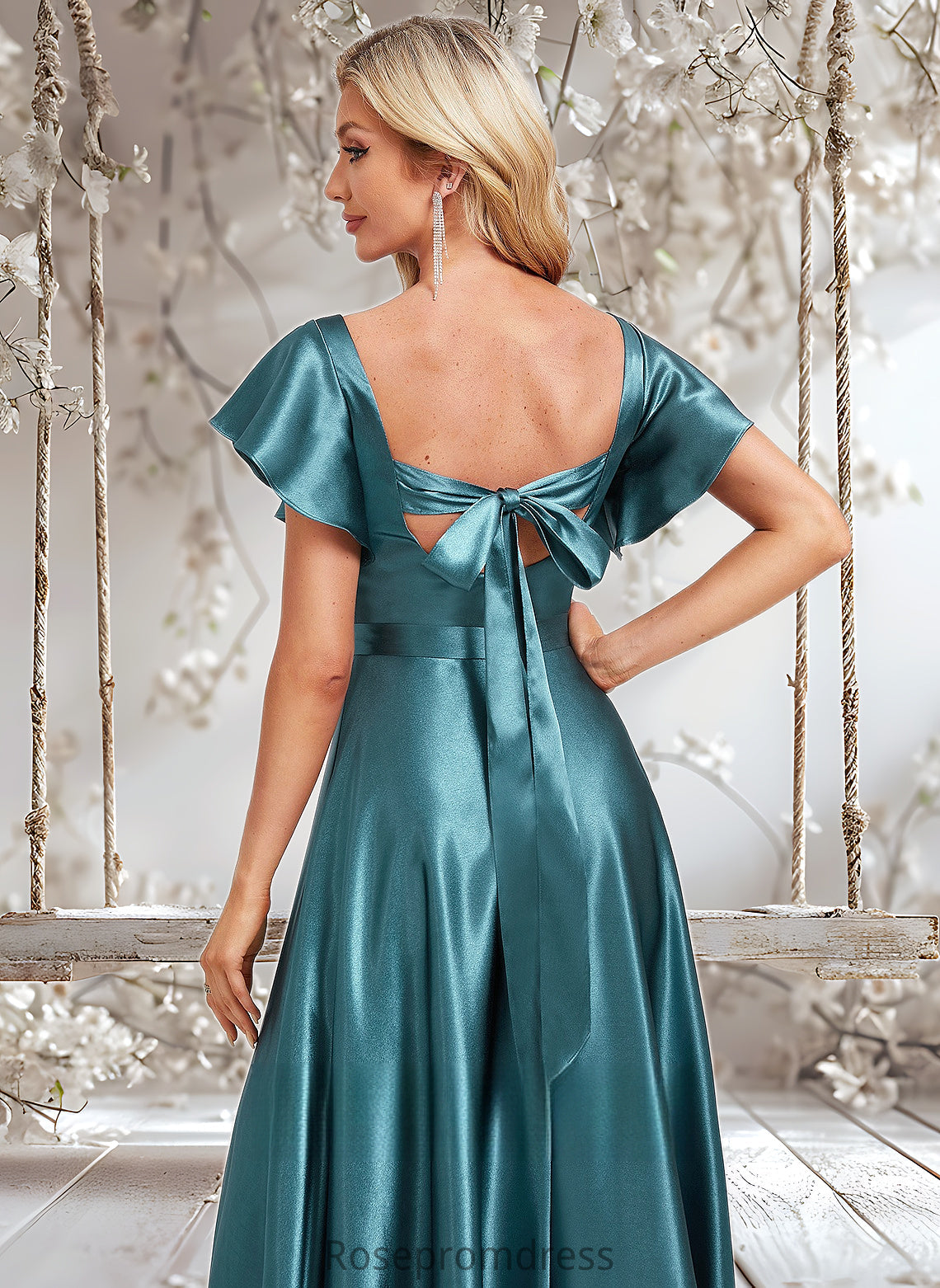 Rosalind A-line V-Neck Floor-Length Stretch Satin Bridesmaid Dress With Ruffle DSP0025780