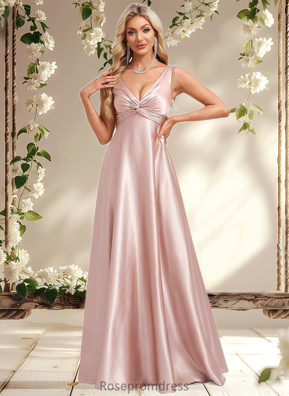 Nina A-line V-Neck Floor-Length Stretch Satin Bridesmaid Dress DSP0025779