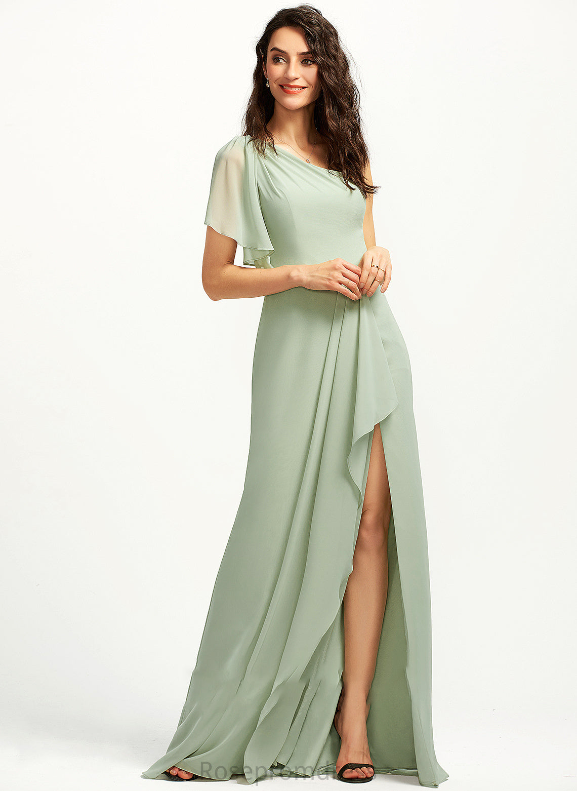 Silhouette Neckline Floor-Length One-Shoulder A-Line Length Fabric Embellishment Ruffle SplitFront Nan Sleeveless Bridesmaid Dresses
