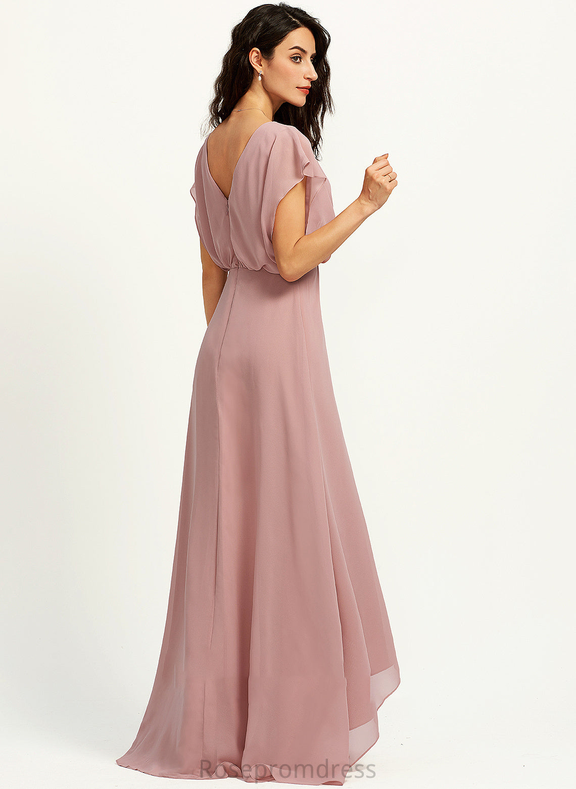 A-Line Asymmetrical Embellishment Fabric Silhouette Length SplitFront Neckline V-neck Cynthia Bridesmaid Dresses