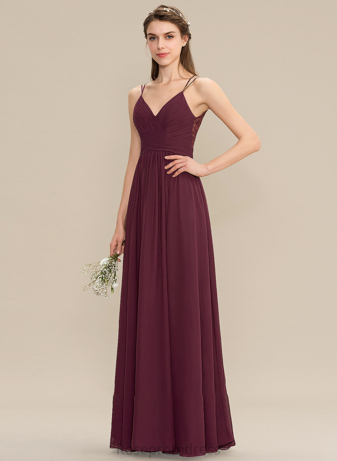 Fabric Silhouette Floor-Length Ruffle V-neck Embellishment Neckline A-Line Length Makenna Bridesmaid Dresses