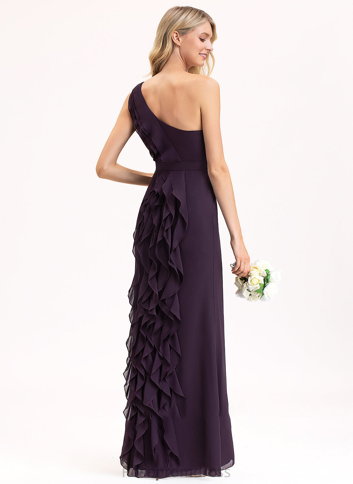 Fabric Neckline A-Line Embellishment Length One-Shoulder Floor-Length Silhouette CascadingRuffles SplitFront Prudence Floor Length Bridesmaid Dresses