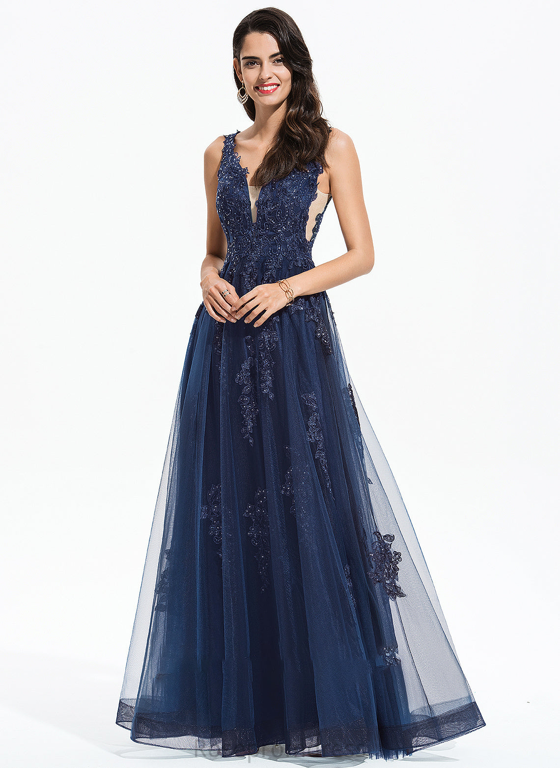 Prom Dresses Tulle Floor-Length Arianna A-Line Sequins With V-neck Lace