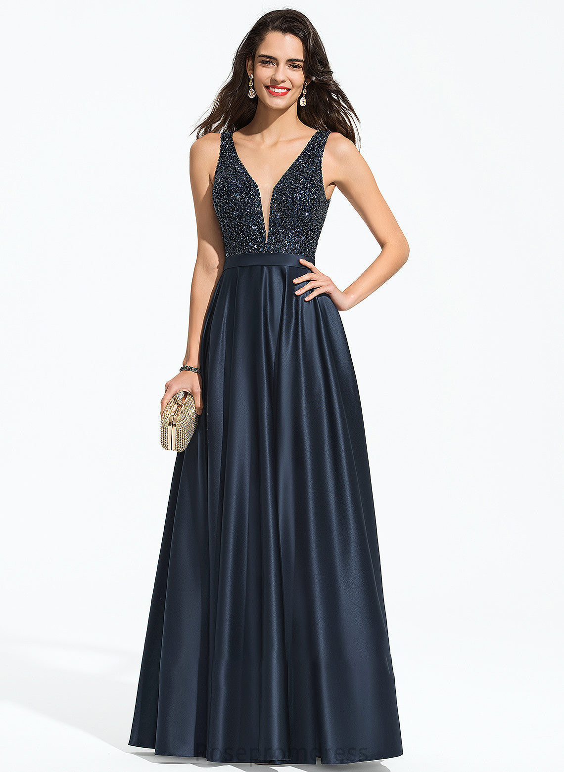 Sequins Beading Satin Viv Prom Dresses V-neck A-Line Floor-Length With