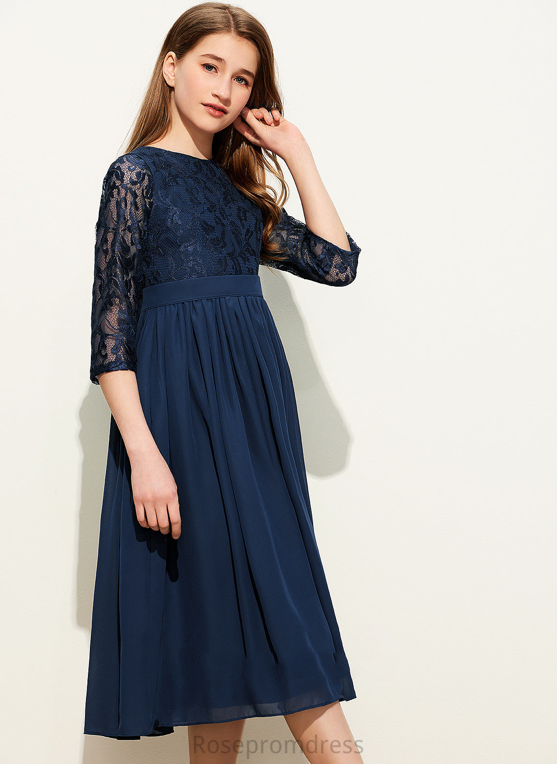 Junior Bridesmaid Dresses Nicky Tea-Length Scoop Neck Lace A-Line Chiffon