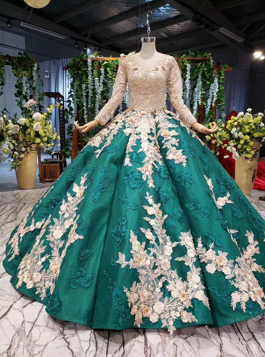 Ball Gown Long Sleeve Satin Beads Prom Dresses, Quinceanera Dresses with Appliques SRS15059
