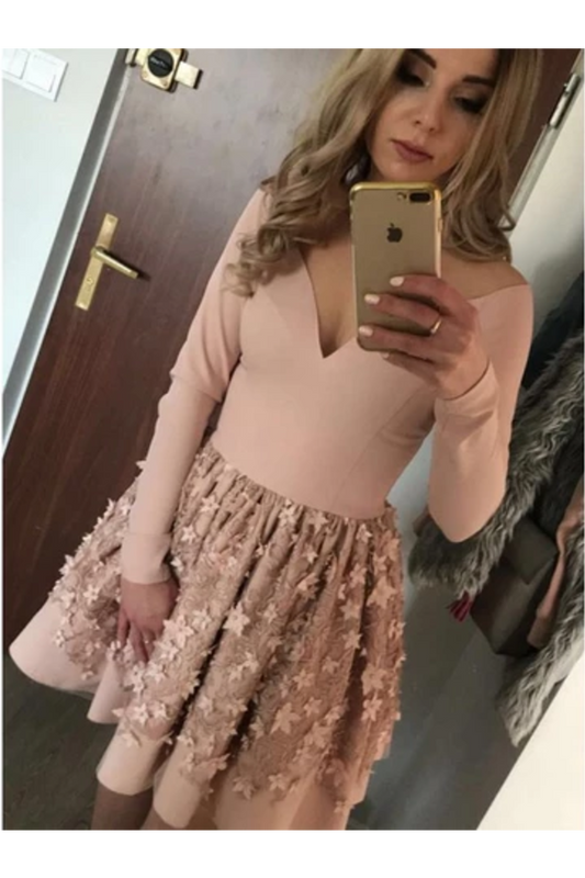 A-Line Nude Long Sleeve Short Homecoming Party Dress With Flowers