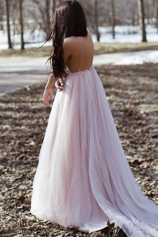 Elegant A Line Spaghetti Straps V Neck Prom Dress With Handmade Flowers, Bridesmaid Dress SRS15577